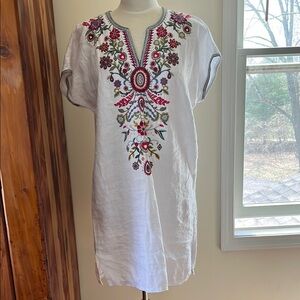 JOHNNY WAS Linen Embroidered White Dress Small